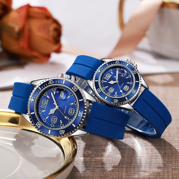 Couple Fashion Sports Silicone And Alloy Quartz Watch Round Dial Life Waterproof Stainless Steel Buckle