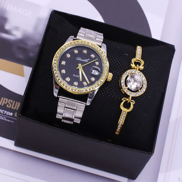 Couple Fashion Waterproof Quartz Wrist Watch Set Alloy And Stainless Steel Round Dial