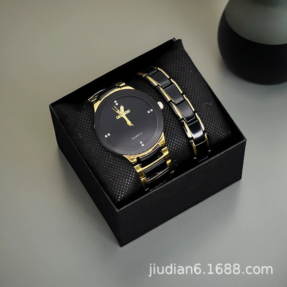 Couple Fashion Waterproof Quartz Wrist Watch Set Alloy And Stainless Steel Round Dial