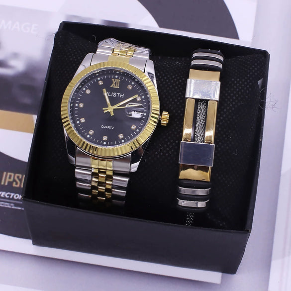 Couple Fashion Waterproof Quartz Wrist Watch Set Alloy And Stainless Steel Round Dial