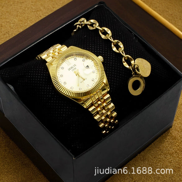 Couple Fashion Waterproof Quartz Wrist Watch Set Alloy And Stainless Steel Round Dial