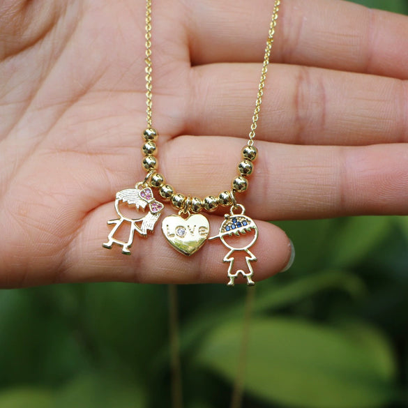 Couple Geometric Pendant Necklace With Copper Water Wave Chain And Micro Inlaid Zircon Electroplated Cartoon Boy Girl Clavicle Jewelry