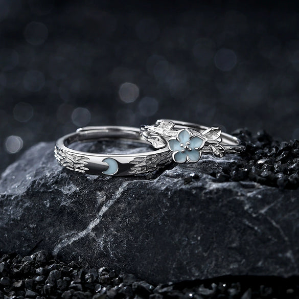 Couple Open Ring S925 Sterling Silver Flower Pattern Electroplating Minimalist Style