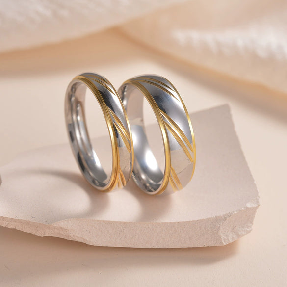 Couple Pair Ring Stainless Steel Wave Pattern Electroplating Style