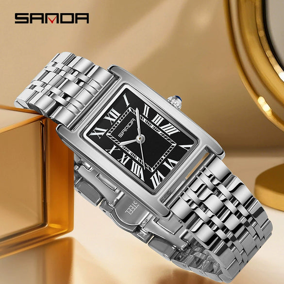 Couple Quartz Watch Square Alloy Alloy Case Steel Band Business Style Waterproof