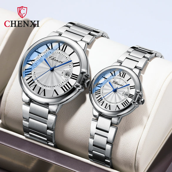 Couple Quartz Watch Stainless Steel Belt Round Dial Mineral Reinforced Glass Mirror Waterproof Luminous Leisure Style
