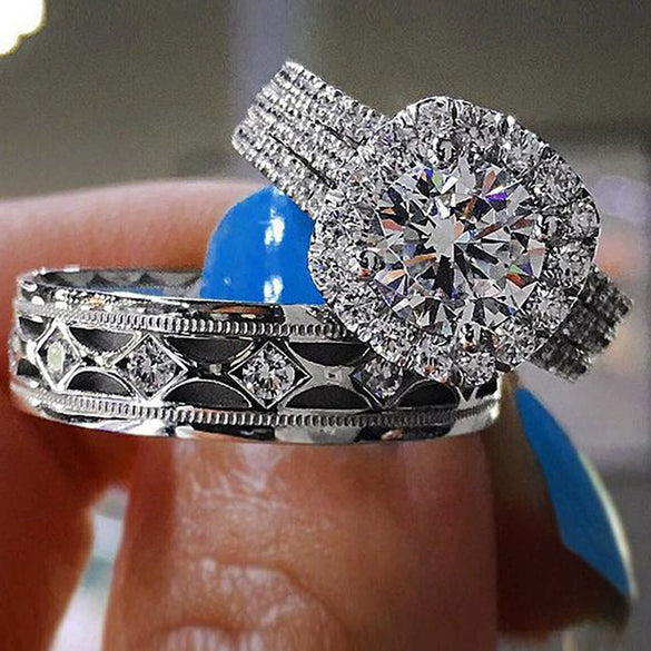 Couple Ring Copper Geometric Inlaid Zircon Design