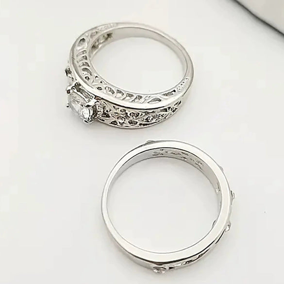 Couple Ring Copper Inlaid Zircon Hollow Flower Carving Crown Wave Pattern Design