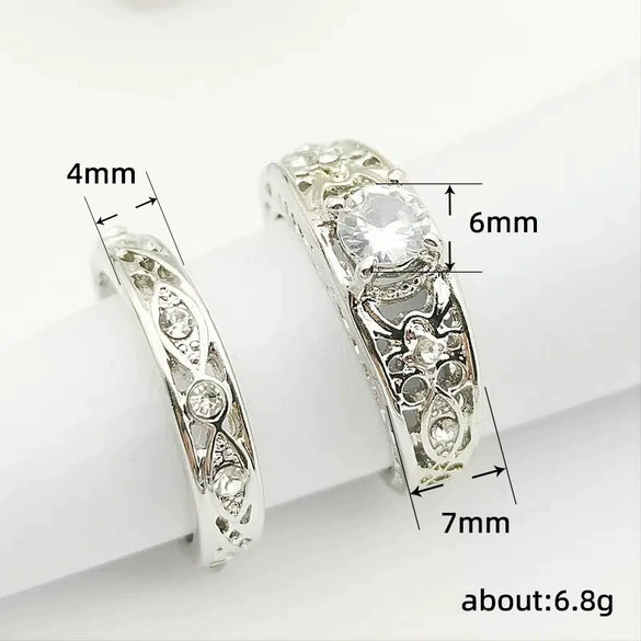 Couple Ring Copper Inlaid Zircon Hollow Flower Carving Crown Wave Pattern Design