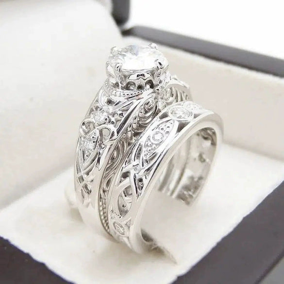 Couple Ring Copper Inlaid Zircon Hollow Flower Carving Crown Wave Pattern Design