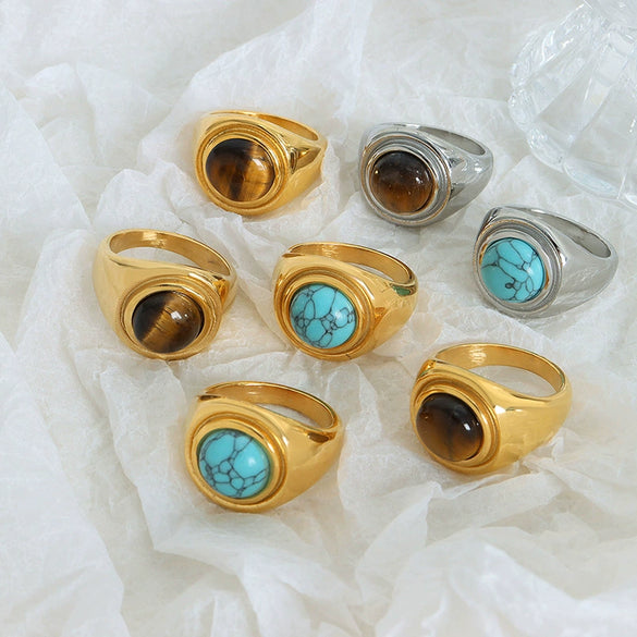 Couple Ring Tiger Eye Stone Blue Turquoise Titanium Steel 18K Gold Non Fading Retro Geometric Niche Design Electroplating