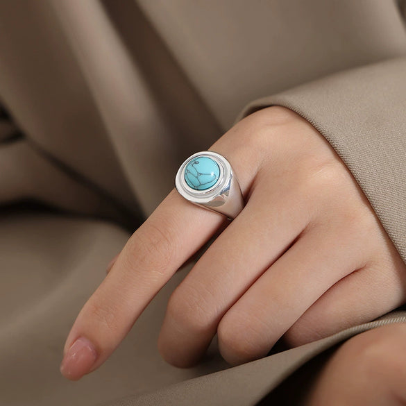 Couple Ring Tiger Eye Stone Blue Turquoise Titanium Steel 18K Gold Non Fading Retro Geometric Niche Design Electroplating