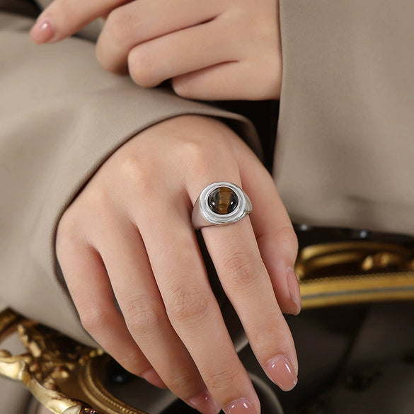 Couple Ring Tiger Eye Stone Blue Turquoise Titanium Steel 18K Gold Non Fading Retro Geometric Niche Design Electroplating