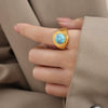 Couple Ring Tiger Eye Stone Blue Turquoise Titanium Steel 18K Gold Non Fading Retro Geometric Niche Design Electroplating