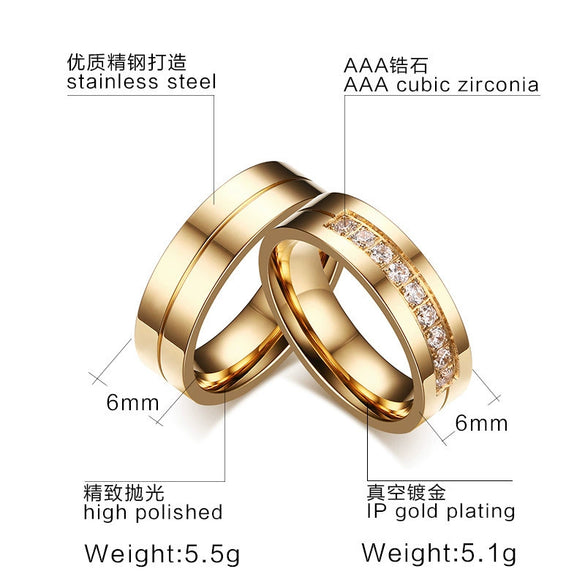 Couple Ring Titanium Steel Simple Geometric Electroplated Gold Inlaid Zircon Jewelry