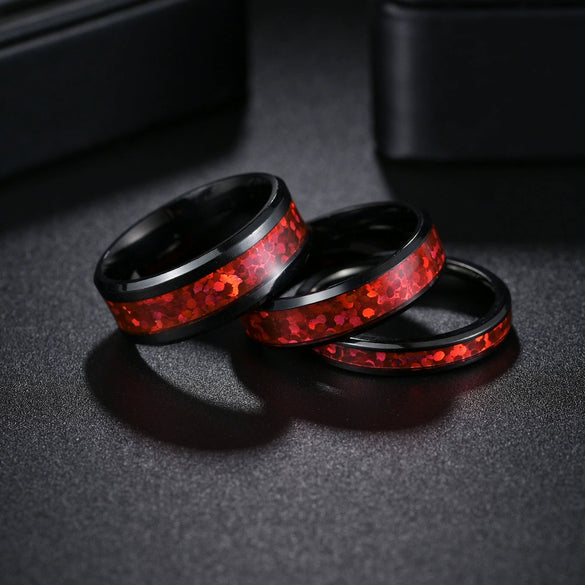 Couple Rings Titanium Steel Geometric Red Imitation Opal Jewelry Vacuum Plating