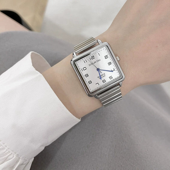 Couple Square Retro Style Watch With Stainless Steel Strap And Alloy Case