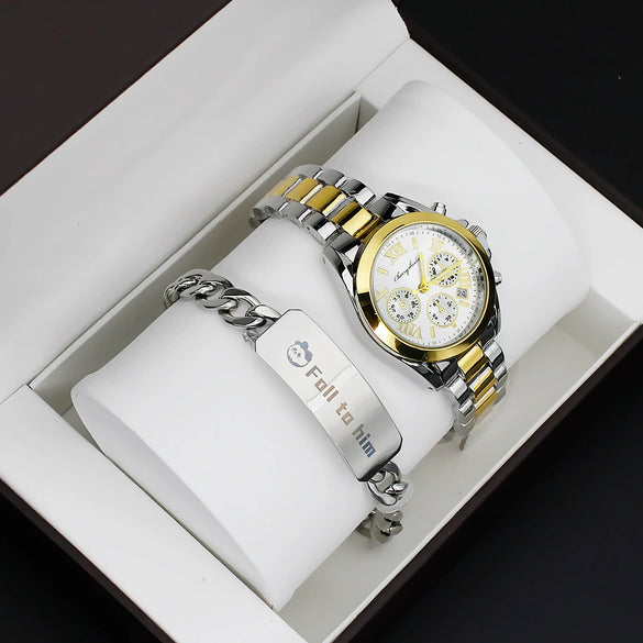 Couple Stainless Steel And Alloy Quartz Watch Set With Round Dial And Fashionable Style