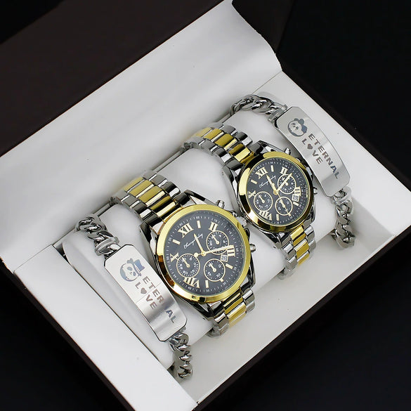 Couple Stainless Steel And Alloy Quartz Watch Set With Round Dial And Fashionable Style