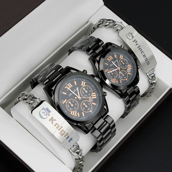 Couple Stainless Steel And Alloy Quartz Watch Set With Round Dial And Fashionable Style