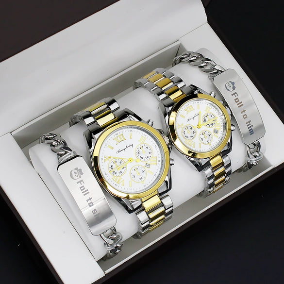 Couple Stainless Steel And Alloy Quartz Watch Set With Round Dial And Fashionable Style