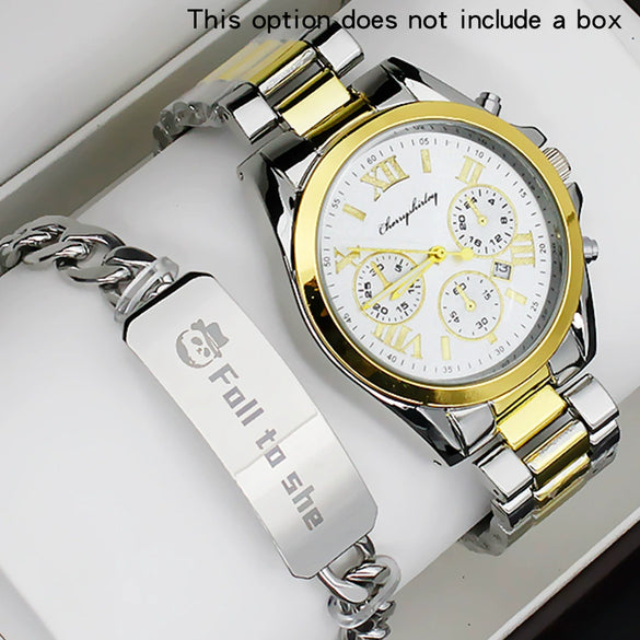 Couple Stainless Steel And Alloy Quartz Watch Set With Round Dial And Fashionable Style