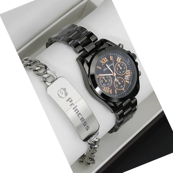 Couple Stainless Steel And Alloy Quartz Watch Set With Round Dial And Fashionable Style