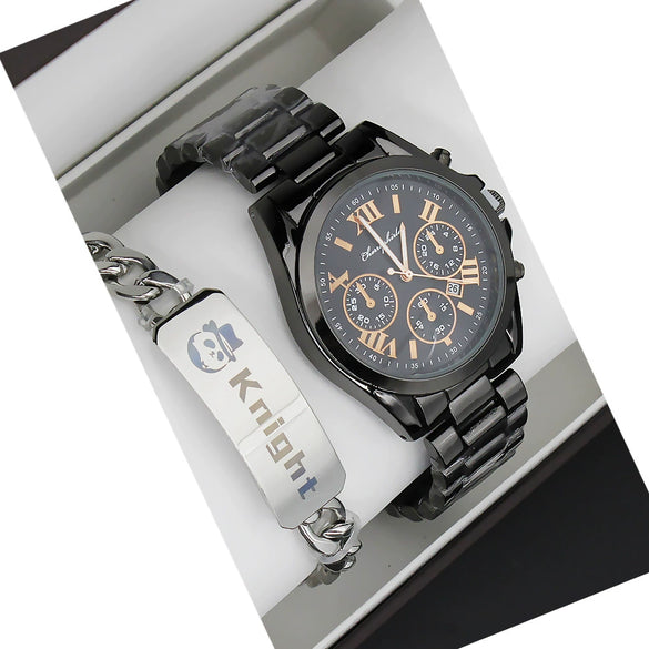 Couple Stainless Steel And Alloy Quartz Watch Set With Round Dial And Fashionable Style
