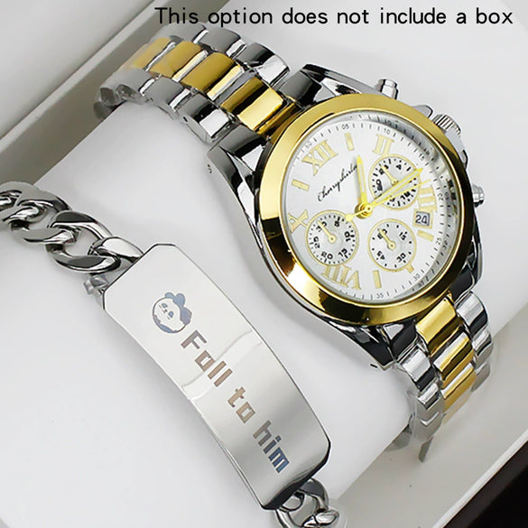 Couple Stainless Steel And Alloy Quartz Watch Set With Round Dial And Fashionable Style