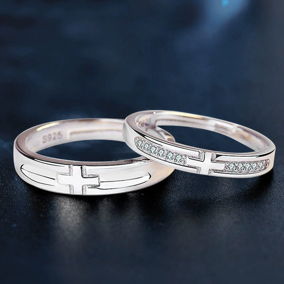 Couple Style 925 Sterling Silver Cross Pair Ring With Zircon And Geometric Pattern Microinlay