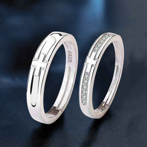 Couple Style 925 Sterling Silver Cross Pair Ring With Zircon And Geometric Pattern Microinlay