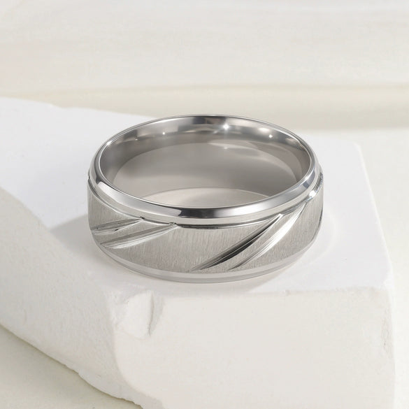 Couple Titanium Steel Ring Geometric Pattern Polish Style