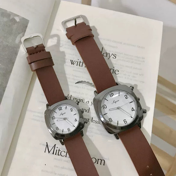 Couple Watch Alloy Case Imitation Leather Strap Square Dial Leisure Style
