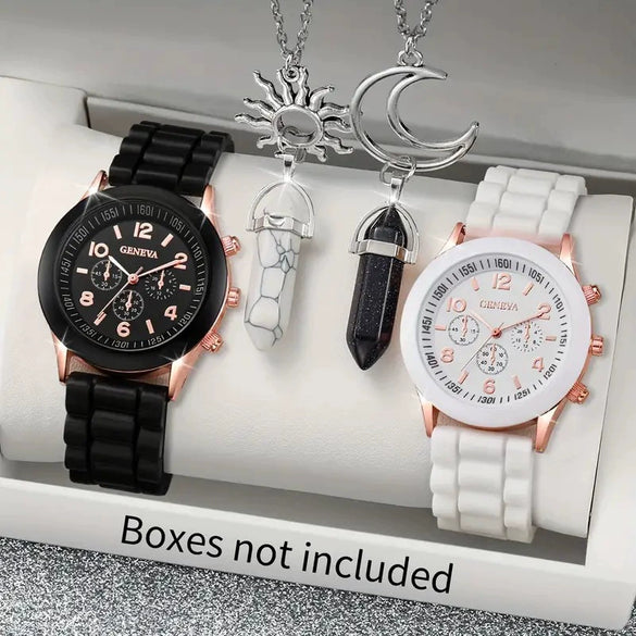 Couple Watch Set Alloy Case Silicone Strap Magnetic Heart Casual Style Round Dial