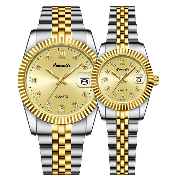 Couple Watches Alloy Stainless Steel Round Casual Quartz Business Style Waterproof Luminous Calendar