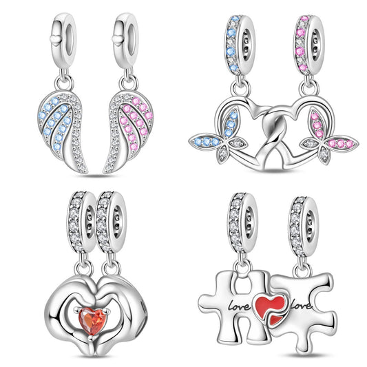 Couple Wings Heart Puzzle Charm Pendant Beads Diy Jewelry Bracelet Accessories Copper Silver Plated Dripping Oil Style