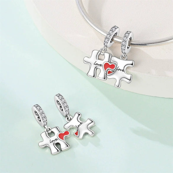 Couple Wings Heart Puzzle Charm Pendant Beads Diy Jewelry Bracelet Accessories Copper Silver Plated Dripping Oil Style