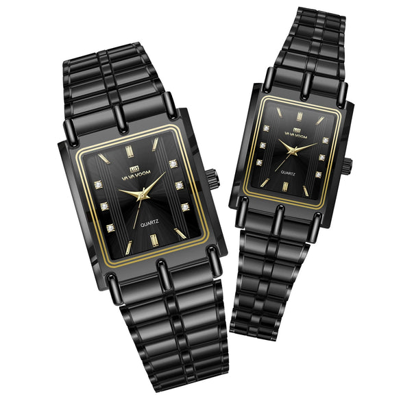 Couple's Business Style Alloy Case Stainless Steel Strap Rectangle Dial Watch With Printed Logo