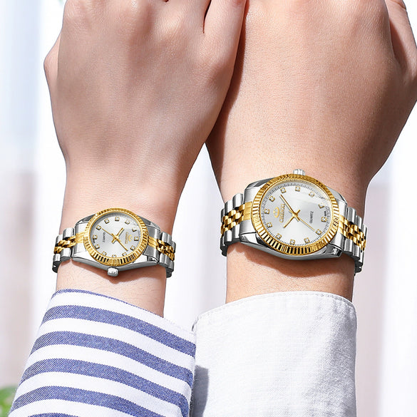 Couple's Business Style Quartz Watch With Rhinestones Alloy Case Stainless Steel Band And Round Dial