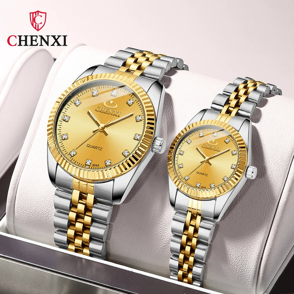 Couple's Business Style Quartz Watch With Rhinestones Alloy Case Stainless Steel Band And Round Dial