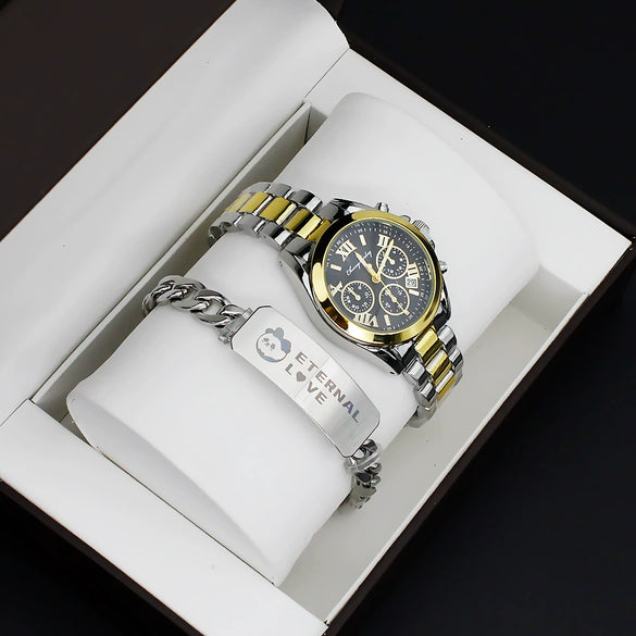 Couple's Fashion Alloy And Stainless Steel Round Dial Wristwatch Set With Gift Box