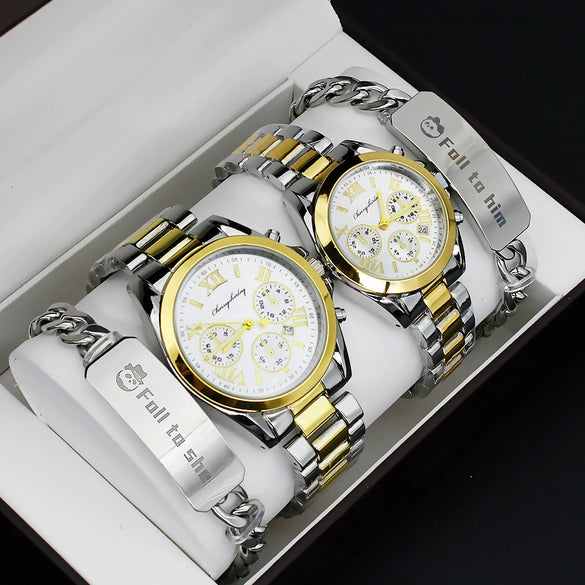 Couple's Fashion Alloy And Stainless Steel Round Dial Wristwatch Set With Gift Box