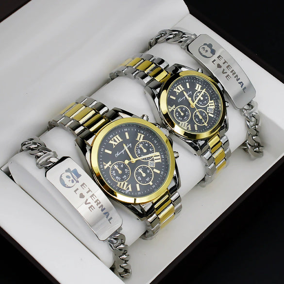 Couple's Fashion Alloy And Stainless Steel Round Dial Wristwatch Set With Gift Box