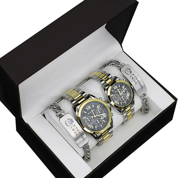 Couple's Fashion Alloy And Stainless Steel Round Dial Wristwatch Set With Gift Box