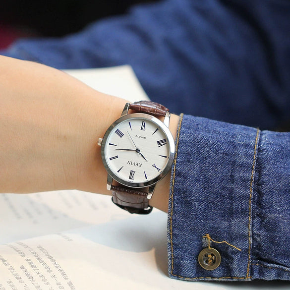 Couple's Genuine Leather And Alloy Watch Round Dial Pin Buckle Style