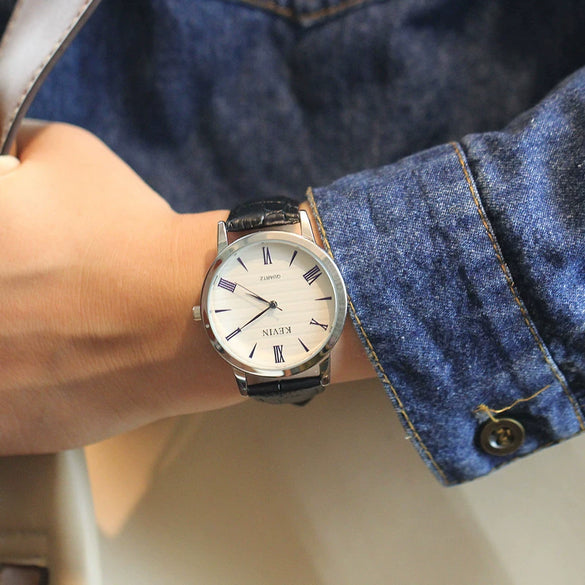 Couple's Genuine Leather And Alloy Watch Round Dial Pin Buckle Style