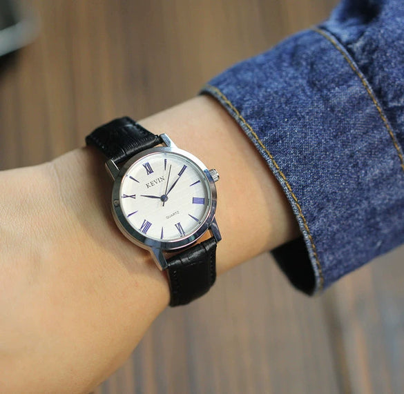 Couple's Genuine Leather And Alloy Watch Round Dial Pin Buckle Style
