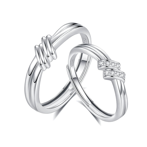 Couple's Pair S925 Sterling Silver Twin Knot Opening Ring Geometric Diamond Fashion Jewelry