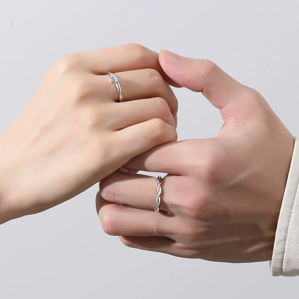 Couple's Ring 925 Silver Twin Knot Geometric Style Diamond Design