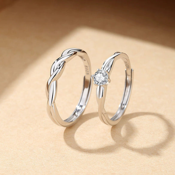 Couple's Ring 925 Silver Twin Knot Geometric Style Diamond Design